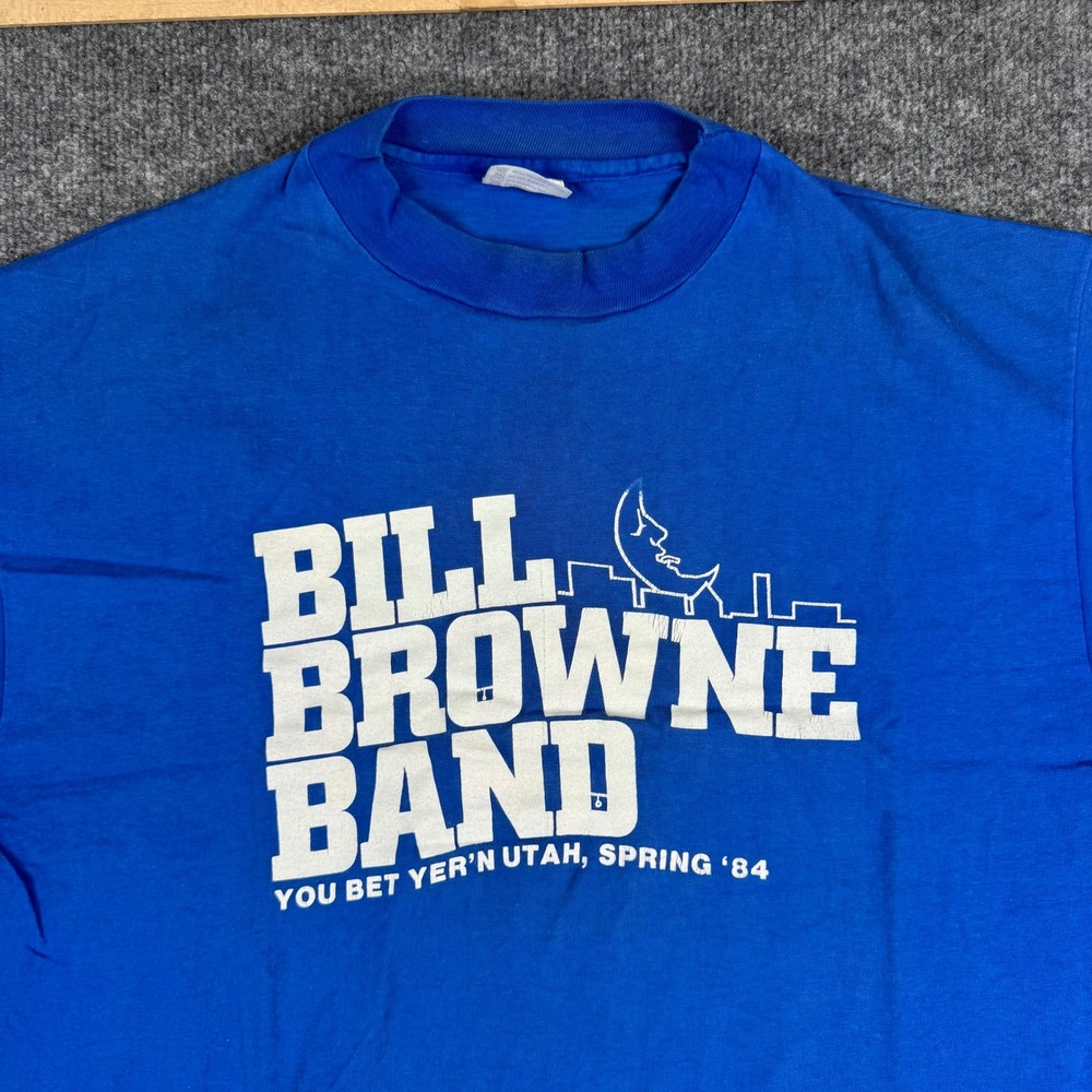Hanes T-Shirt Mens XL Blue Cotton Bill Browne Band 1984 Vintage USA Made Graphic